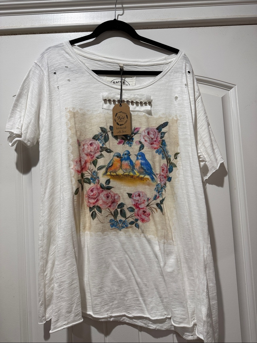 White Short Sleeve Tee with Floral & Bird Graphic